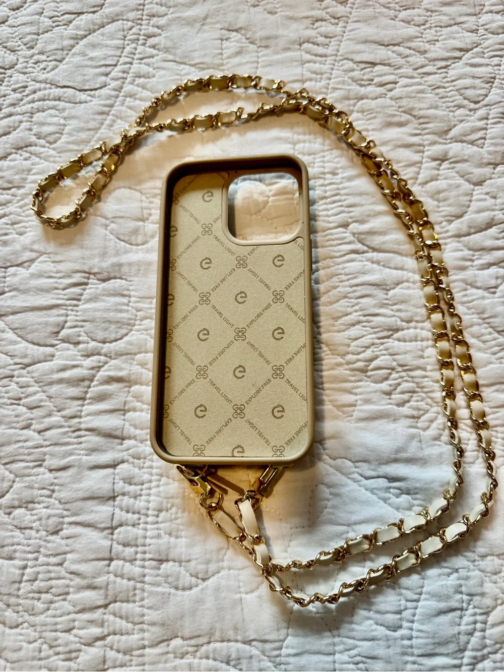 Beige Quilted Crossbody Phone Case with Gold Chain